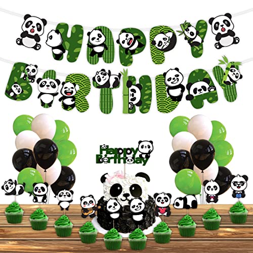 Image of Festiko Cute Cartoon Panda Birthday Decoration Supplies (37 Pcs), Children & Girl Birthday Party Decoration Full Set: Banner, Cake Topper, Cup Cake Topper & Balloons, Black and White, Animal Print