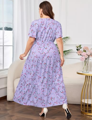 Image of ShopWonder Womens Plus Size V Neck Wrap Maxi Dress High Waist Ruffle Summer Casual Dress with Belt