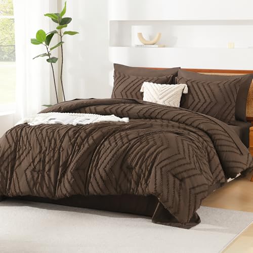 Image of Litanika Full Size Comforter Set with Sheets Brown - 7 Pieces Bed in a Bag Full Chevron Tufted Complete Bedding Sets with Comforter, Sheets, Pillowcases & Shams