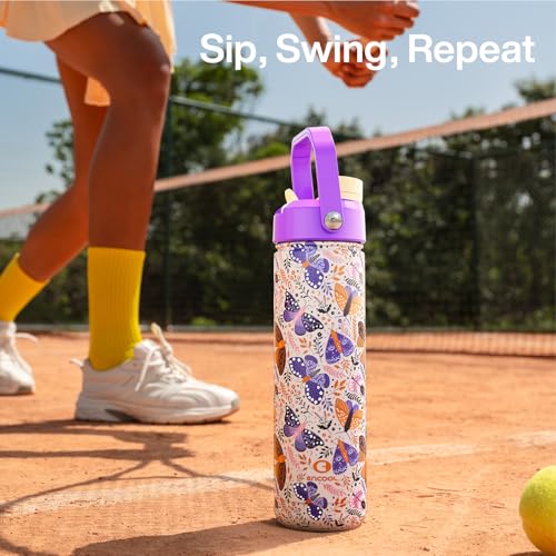 Image of ENCOOL Insulated Water Bottle with Straw Stainless Steel Water Bottle, Leak-Proof, BPA-Free, Double Wall Vacuum Keeps Cold for 24 Hours for Sports, Travel, School (26 oz, Lavender Butterfly)