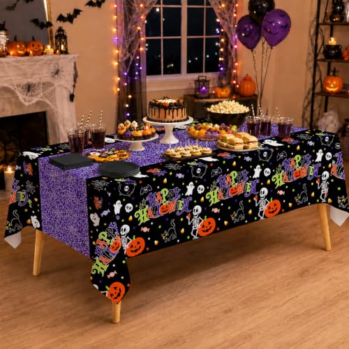 Image of 2 Pack Halloween Tablecloth, 54 x 108 Inch Disposable Plastic Table Cover, Purple Halloween Party Decorations for Halloween Decor Party Supplies