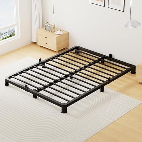 Superay 4 Inch Full Bed Frame, Heavy Duty Metal Platform Bed Frame Low Profile, No Box Spring Needed, Sturdy Mattress Foundation with Round Corner, Easy Assembly, Noise Free, Black Cover