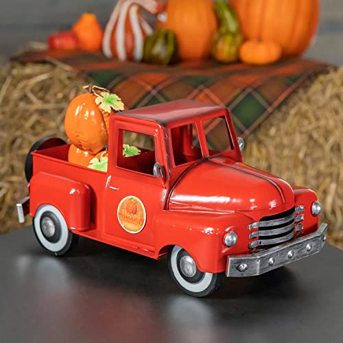 Image of Zaer Ltd. Metal 18.5 inch Long Multi-Seasonal Christmas and Harvest Pickup Truck with Metal Tree, Pumpkins, and Matching Side-Magnet Sets (Glossy Red)