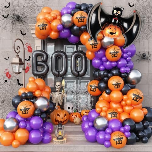 Adeyoo Halloween Balloon Garland Arch Kit - 138 Pcs Halloween Party Balloons with Black Orange Purple Pumpkin Bat Boo Balloon Metallic Silver Balloons for Birthday Horror Party Decorations