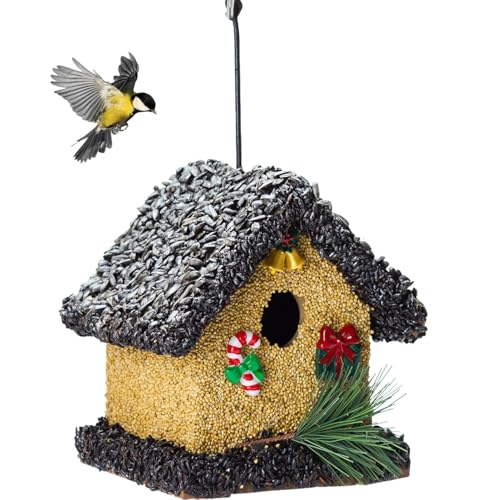 2025 Edible Bird House for Outdoor, Birdseed House for Outside, Wood Bird Houses Covered with Wild Birdfood, Squirrel Proof Bird Feeders for Outside Hanging