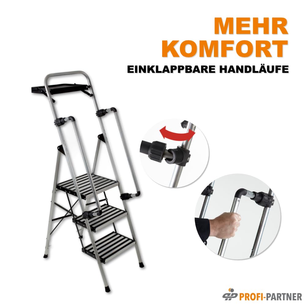 Stahl-Sicherheitsleiter, Trittleiter 3 Stufen, bis 150 kg | klappbare Handläufe, rutschsichere Plattform, TÜV-geprüft, robuste Klappleiter, Haushaltsleiter, sicherer Tritt