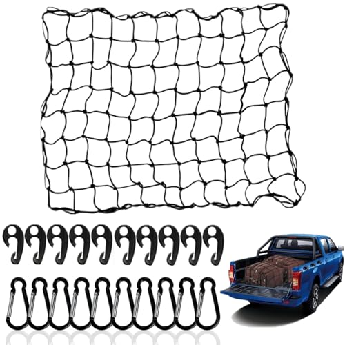 サムコス 車用 カーゴネット 90×120cm 車 収納 ラゲッジネット荷崩れ防止 荷物固定 伸縮性強い 高弾力の ゴムネット糸製 取り付け簡単 SUV 車種 汎用 10個ABS製フック+10個カラビナ補助付き ﻿