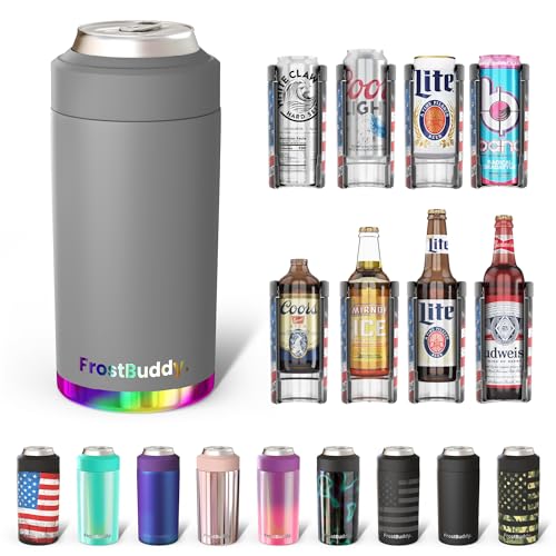 Frost Buddy Enfriador de latas universal, se adapta a todos, enfriador de latas de acero inoxidable para latas y botellas regulares o delgadas de 12 y 16 onzas, acero inoxidable