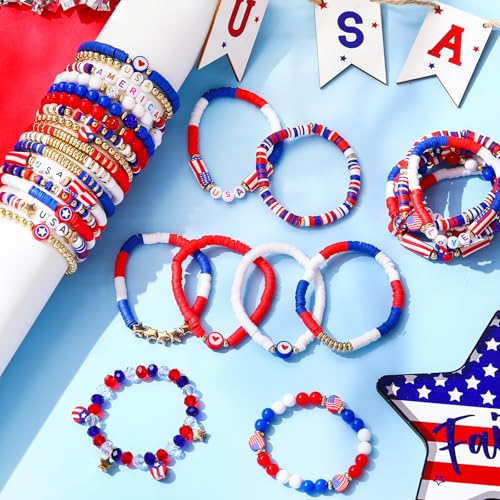 41 Pcs Patriotic Surfer Heishi Bead Bracelets Women Patriotic Stackable Beaded Stretch Bracelets USA Red White Blue Outfit Accessories Jewelry for Labor Day Veteran Day Friendship Gifts2