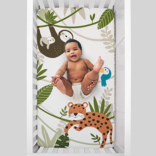 Image of NoJo Jungle Gym Green, Brown, & Grey 100% Cotton Photo Op Nursery Fitted Crib Sheet, Grey, Green, White, Brown