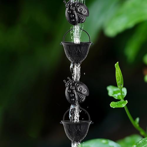 Miniatura 2 de Qipade Cadena de lluvia de 9.2 pies, cadenas de canaleta de lluvia negras con 12 tazas y decoración de mariquitas desmontable, cadena ajustable para