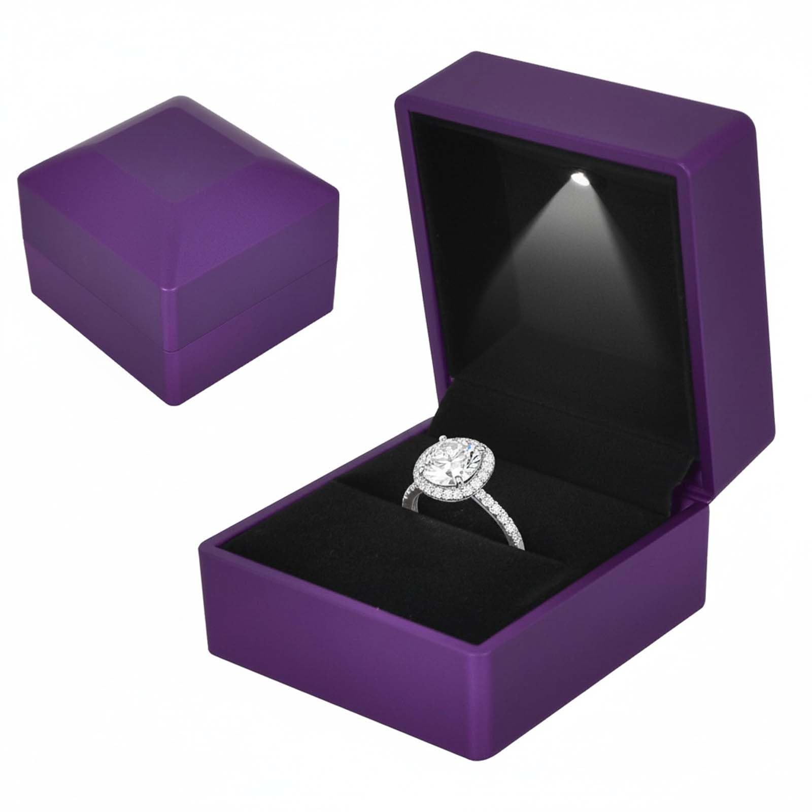 Ring Box With LED Light, Velvet Ring Boxs, Jewelry Display Gift Box with LED Internal Lighting, LED Lighted up Ring Storage Holder Display Case, for Proposal Engagement Wedding, 5.8*6.3*5cm, Purple