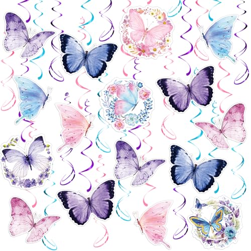 Image of Butterfly Hanging Swirls Party Decorations | 46 Pcs Pink Purple Butterfly Ceiling Streamers Spring Summer Themed Decor for Girl Baby Shower Birthday Wedding Fairy Party