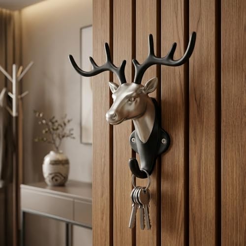 Image of Deer Head Wall Key Holder, Zinc Alloy Hanging Hooks for Keys & Accessories, Multipurpose Key Hanger Stand for Home Decor, Entryway Organizer, Satin Black Finish - Pack of 1
