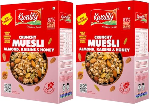 Image of KWALITY Muesli Crunchy 400 G|76% Multi Grains with Almonds,Raisins & Honey|Natural Source of Vitamin & Iron|High in Protein & Fiber|Low Fat & Cholesterol-Free|Healthy Food & Breakfast Cereal