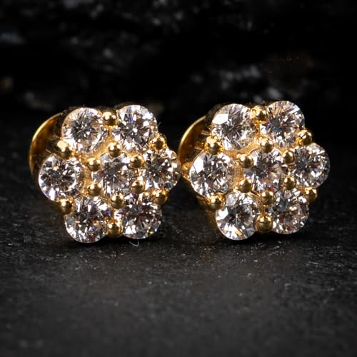 Brilliant Iced Cz 14K Yellow Gold Plated Sterling Silver Round Men's Women Elegant Flower Cluster Cz Unisex Circle Stud Hip Hop Hypoallergenic Screw Back Earrings3
