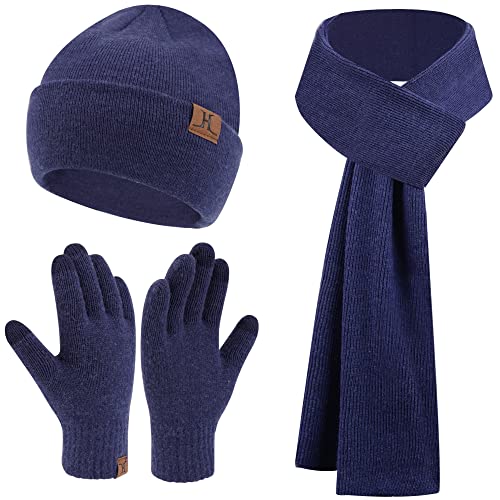 Hiver Chic Bonnet Chaud Echarpe Gants Tactiles Ensemble Tricot Côtelé Casquette Foulards Gants pour Homme Femme, Bleu Marine Cover