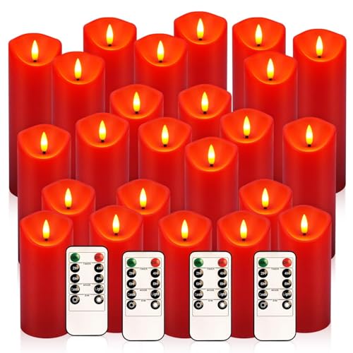 Image of 24-Pack Red Flameless LED Candles with Remote - Realistic Flickering Battery - Operated Pillar Candles forValentine's Day, Home Decor, Weddings, Parties.