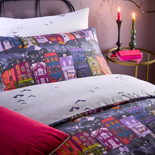 furn. Creepy Town Reversible Duvet Cover Set - Halloween Bedding (Charcoal - Super King) - Image 2