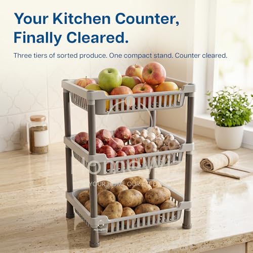 Image of HomeWiz Kitchen Rack 3- Layer | Lifetime Usage Heavy Duty Plastic Stand | Kitchen Storage Cart | Onion Potato Rack For Kitchen | Multipurpose Storage Rack for Fruits & Vegetables|Durable Kitchen Stand