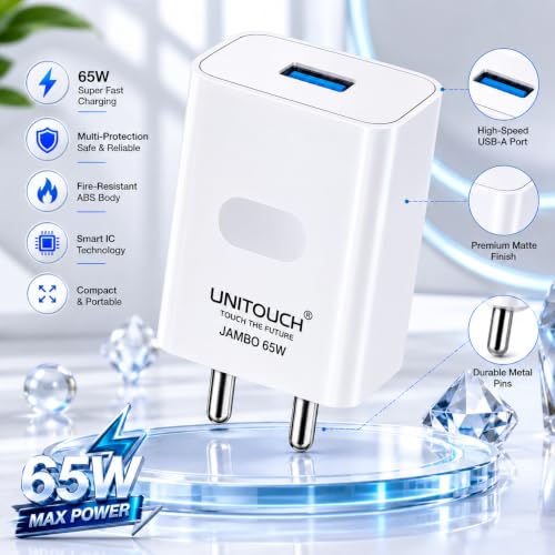 Image of 65W Super Fast Charger with USB-A to USB-C Cable | Fast Charging Adapter Compatible with OnePlus, Oppo, Realme, Vivo, Xiaomi, Samsung, Motorola & Android Smartphones | White