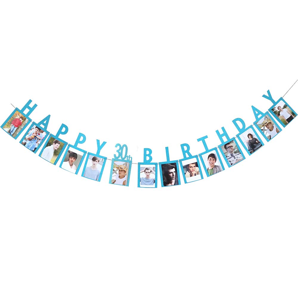 Happy 30th Birthday Photo Party Banner, Blue Sign Garlands for Adult Men/Women's 30th Birthday Party Bunting Supplies Decorations