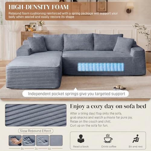 Image of 95 inch L Shaped Cloud Boneless Sectional Couches for Living Room, Modern Comfy Modular Deep Seat Memory Foam Compressed Corduroy Sofa Oversized Left Facing Chaise, No Assembly Required, Grey