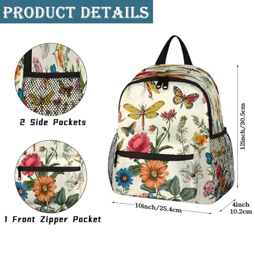 Retro Flowers Dragonflies Butterflies Toddler Backpack for Boys Girls, Lightweight Waterproof Kids Backpack 12 Inch with Chest Strap, Casual Daypack Kindergarten Preschool Daycare Bag2