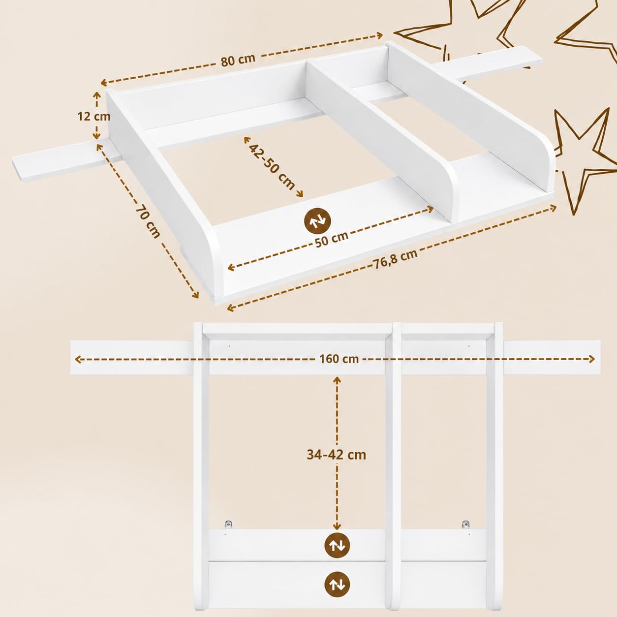 Cambiador con Compartimento y Panel 160cm, 80 x 70 cm, Blanco | Laterales Redondeados, Ajustable de 34 a 50 cm, Cambiador para Bebé, Cambiador para Cómoda