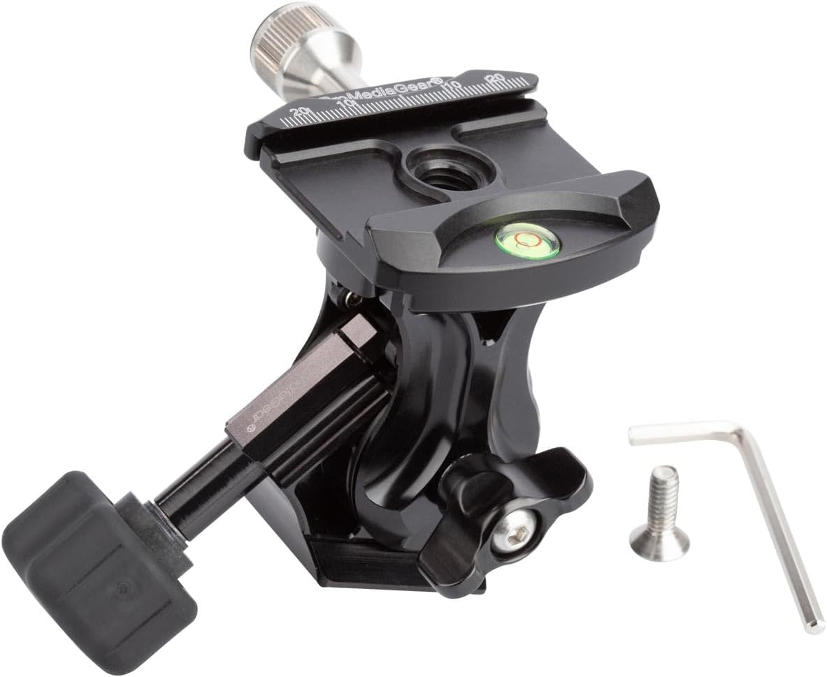 HM1 ProMediaGear Tilt Head 1-axis Arca Swiss Type Compatible Base for mounts and Top Clamp for Monopod Tripod Smooth Lightweight T6061 Aluminum Black Anodized Friction and Lock Knobs