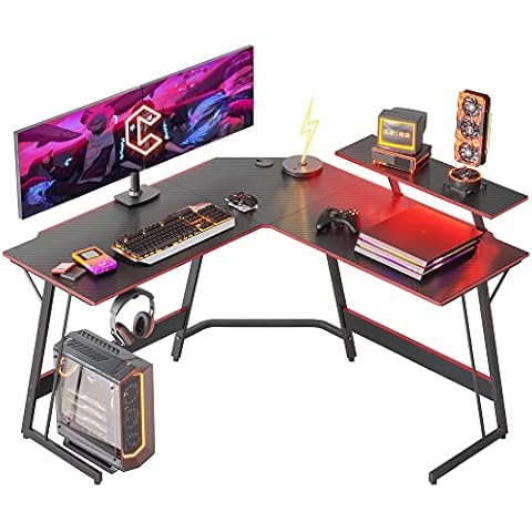 CubiCubi Corner Gaming Computer Desk - 128 x 128 cm L-Shaped Table with LED Ribbon and Screen Stand, Headset Hook for Study, Play, Work, Bedroom, Home, Living Room Cover