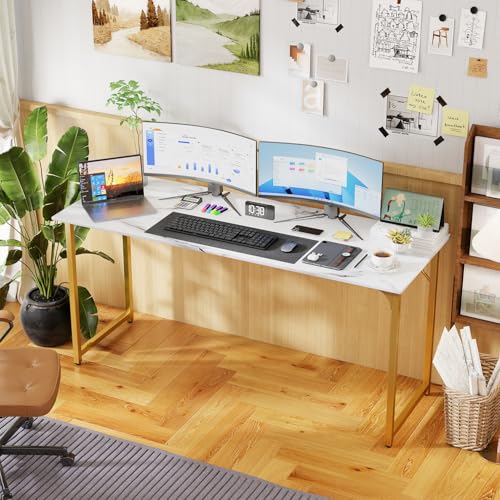Image of PayLessHere | 63 Inch Computer Desk | White Gold | Office Desk with Metal Frame, Adjustable Feet | Water-Resistant, Scratchproof Surface | Sturdy Writing Table for Home Office or Study | Pack of 1