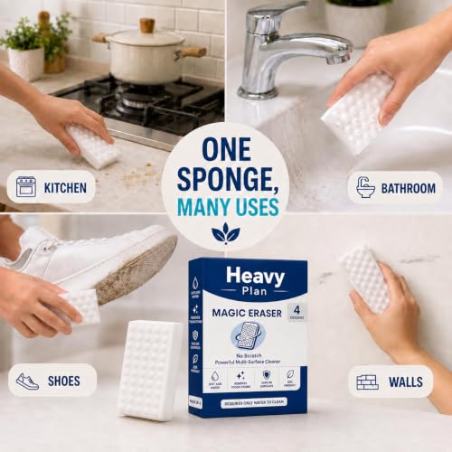 Image of Magic Eraser Sponge Pack of 4 | No Scratch Melamine Cleaning Sponge | Removes Tough Stains with Just Water | Multi Surface Cleaner for Walls, Kitchen, Bathroom, Shoes & Switch Boards