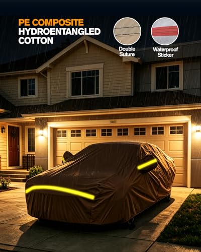 Image of Car Cover Waterproof All Weather, 6 Layers Full Exterior Covers with Zipper Cotton, Mirror Pocket. Outdoor Car Cover UV Snow Rain Wind Dust All Weather Outdoor Protection for Sedan (196-210 inch)