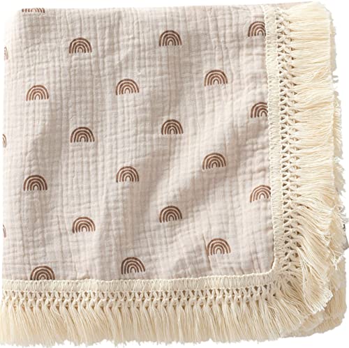 Image of CHUNGEL Cotton Baby Muslin Tassles 40"x 47", Baby Receiving Blanket with Fringe, Boho Muslin Swaddle Blanket with Fringe- Earth Rainbow…