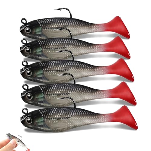 WYSUMMER Fishing Lure Set, 5Pcs 8cm Soft Bait Head Sea Fish Lures Fishing Tackle Sharp Treble Hook T Tail Artificial Bait (1A)