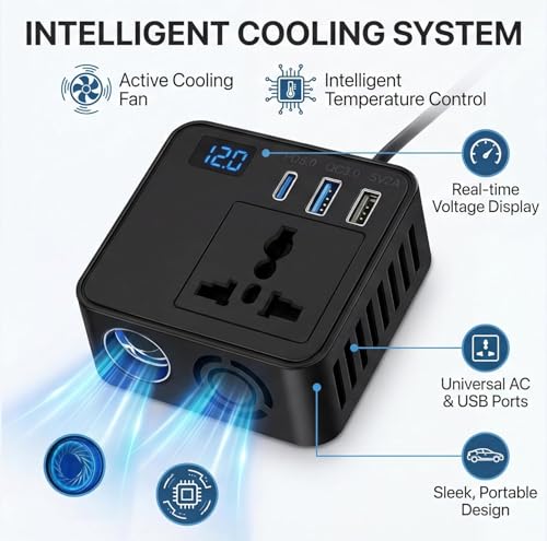 Image of 200W Car Power Inverter with 2 USB Ports (18W & 15W QC3.0), 1 USB-C 30W PD, and 2 AC Universal Outlets | 12V DC to 220V AC Converter for Laptop, Phone, and Electronics Charging