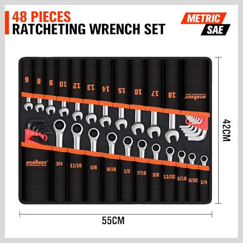 HORUSDY Ratcheting Wrench Set | 48-Piece | Cr-V Steel | 72 Teeth Ratchet Wrench 6-18mm & SAE 1/4-3/4" | with Roll Up Pouch and Allen Wrench thumbnail 3