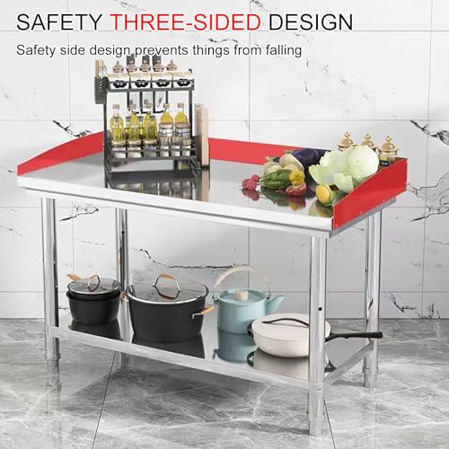 Tavolo da Preparazione, Tavolo da Preparazione Resistente Interamente in Acciaio Inox con ripiano Inferiore Regolabile e alzatina angolare - Tavolo da Lavoro Durevole per Cucina, Ristorante