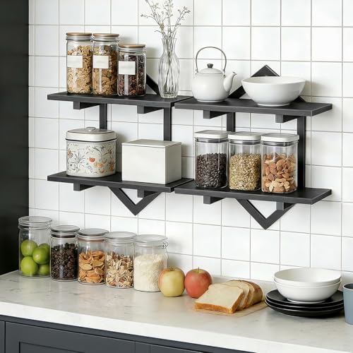 Image of HOOBRO Floating Shelves, 15 Inch Wall Shelf Set of 2, Wall Mounted Storage Shelves 2-Tier, Hanging Bathroom Shelves, for Living Room, Bedroom, Bathroom, Kitchen, Black BB13BJP201