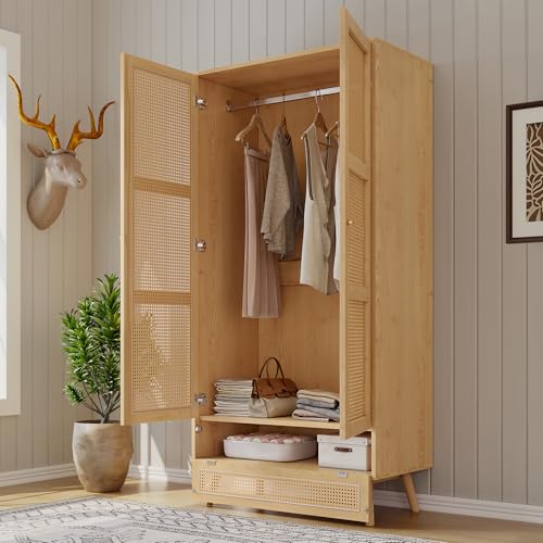 Gelukueub Mueble Armario con barra, armario de 2 puertas, dormitorio, red de ratán, sala de estar, con tapa inferior abatible, tableros de partículas+ratán de polietileno, natural
