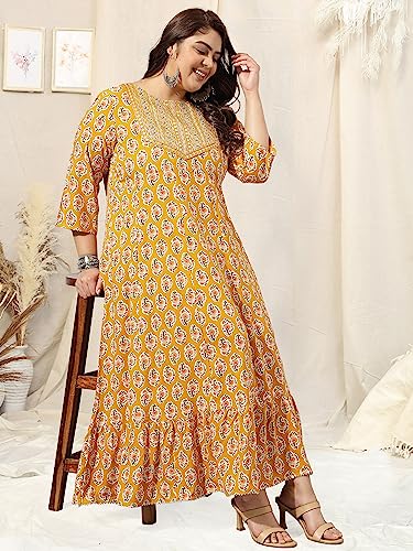 Image of MIRCHI FASHION Plus Size Women's Cotton Sequins Embroidered Foil Printed Anarkali Kurti