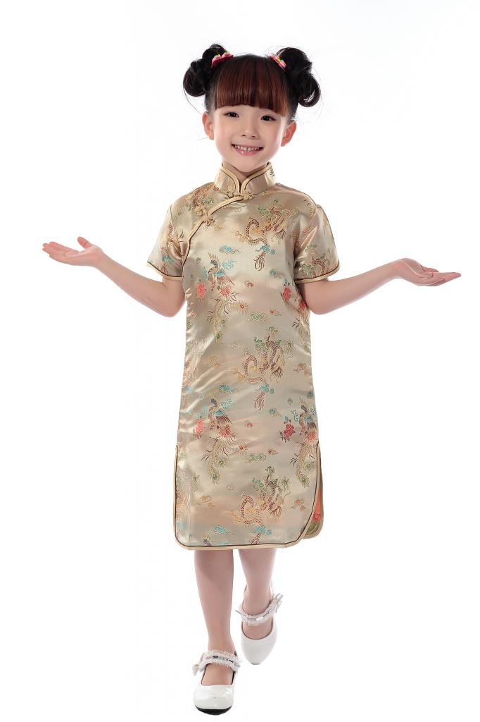 JTC Kids Girls Dragon Phoenix Short Sleeve Chinese Party Dress Qipao Children Cheongsam (12-Suggest Age 7-8 Years, Gold)