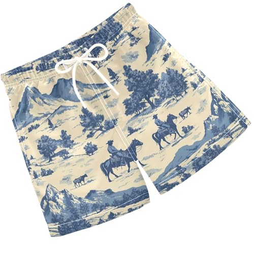 Pigsaly Boys Swim Trunks Blue Western Cowboys Rodeo Wild Boys Board Shorts Swimsuit Swimwear Summer Bathing Suit S