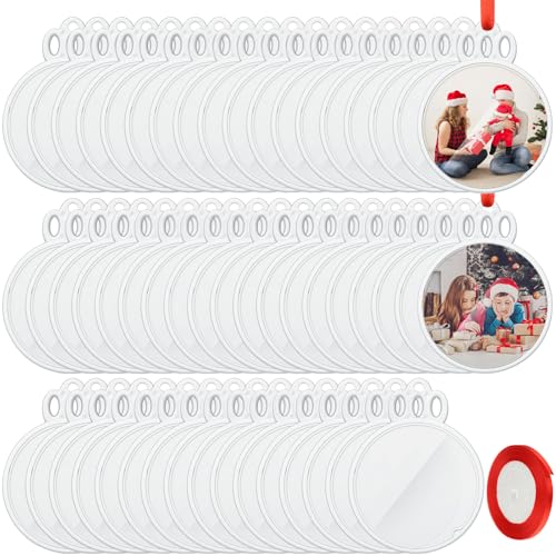 Vercraft 60 Pcs 2026 Christmas Clear Round Frame Ornaments with Red Ribbon Acrylic Blank Round Photo Frame Bulk Hanging Photo Ornaments for Christmas Tree Decoration (Crown Style)