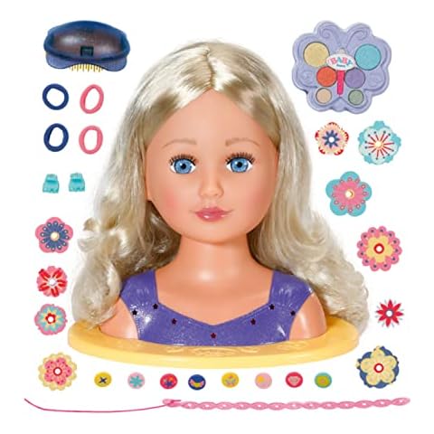 Zapf Creation 825990 BABY born Sister Styling Head - Schminkkopf, Frisierkopf mit hochwertigen langen blonden Haaren, Haargummis, Klammern, Bürste, Haarband, Schminke für Puppe und Kinderhaut Cover