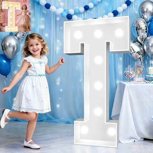 Image of Pooqla 3FT Light Up Marquee Letters, Cool White and Warm White LED Large Lighted Marquee Letters, Giant Mosaic Letter Sign for Balloons Birthday Anniversary Wedding Party Decoration, Decor T