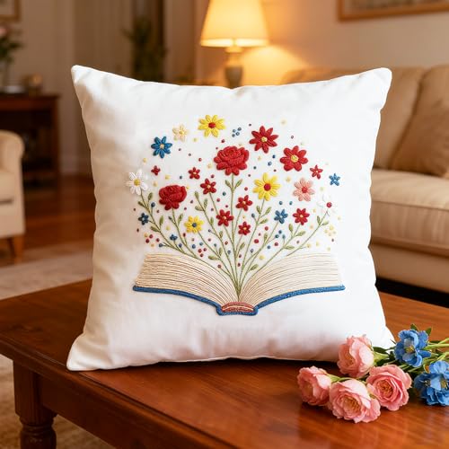 Image of BEUNITONE 6 Set Books Flowers Embroidery Kit for Adult Beginners with Hoops and Instructions Literary Themed Needlepoint Craft Kits Complete DIY Handmade Cross Stitch Set for Book Lovers Home Decor