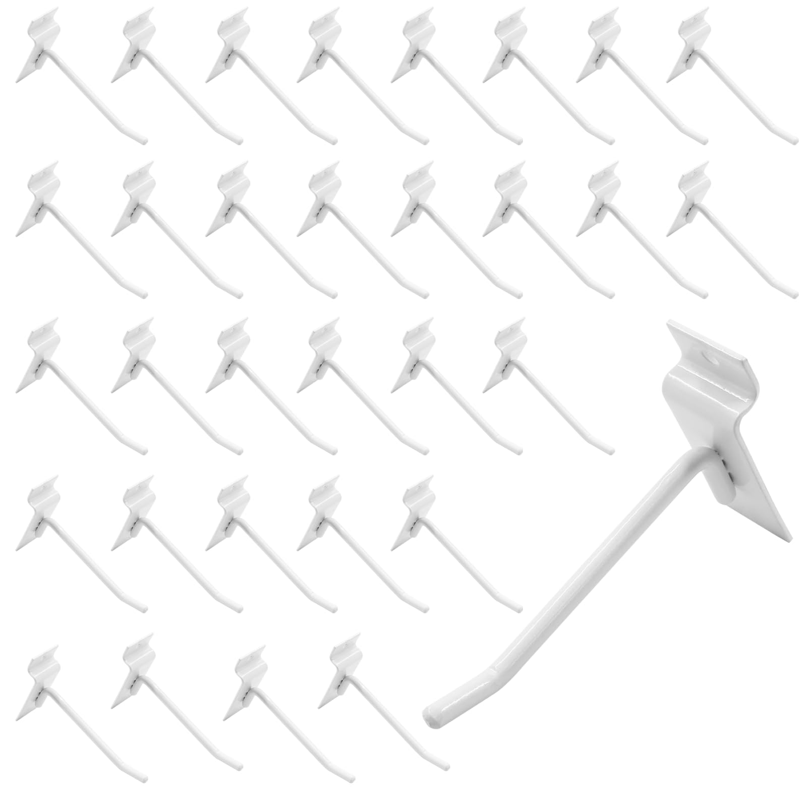 Waziaqoc 32PCS 4Inch Length White Slatwall Hooks, Metal Slat Wall Display Panel Hooks Heavy Duty Slat Board Accessories Pegboard Gridwall Hook for Garage and Shop