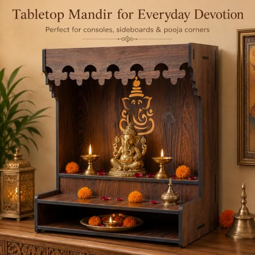 Image of The Castle Decor Wooden Mandir for Home, Wall Hanging & Tabletop Pooja Temple with Ganesha Cutwork, 2-Tier Storage Shelf, MDF Mandir for Pooja Room, Office, Hostel & Apartment, 13 x 15 x 8 Inch